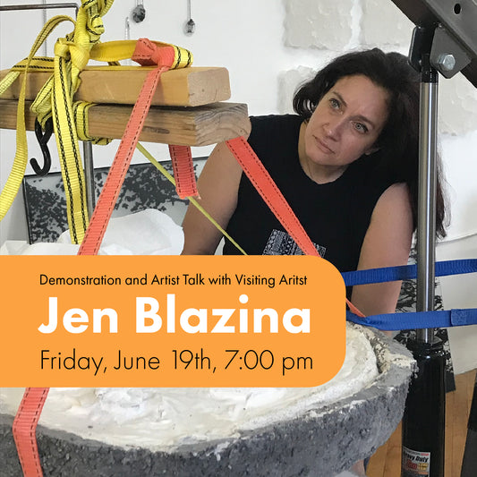 Promotional poster for a demonstration and artist talk with Jen Blazina featuring a woman and artistic equipment.
