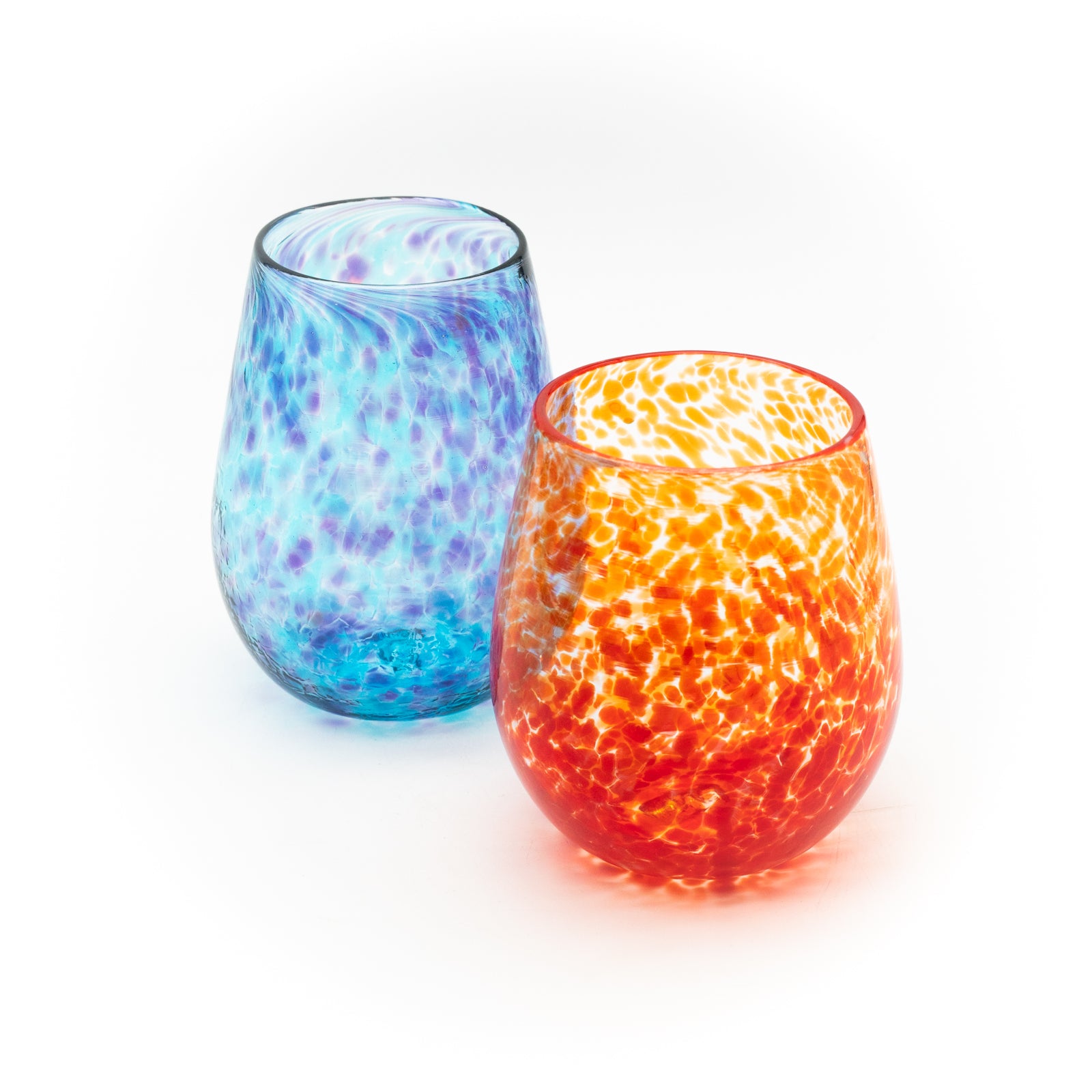 two stemless wine glasses, one blue and purple, the other orange and red